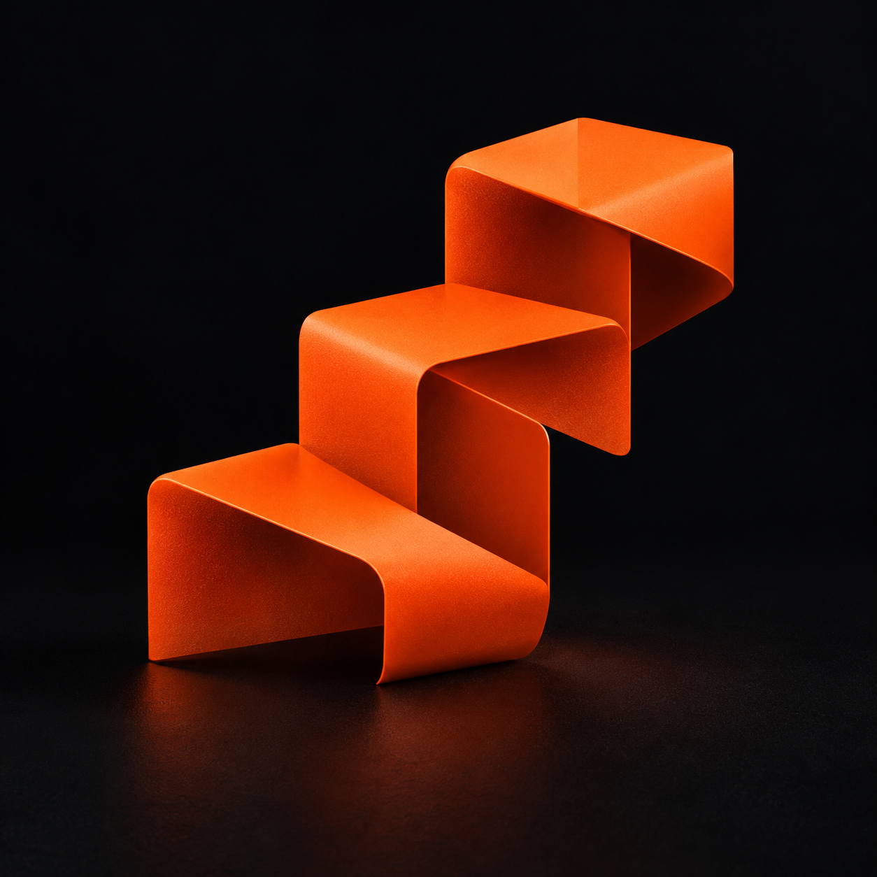 Sculptural orange ribbon rising against a black background